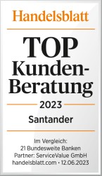 Handelsblatt-Siegel: Top Kundenberatung 2023 für Santander – Im Vergleich: 21 Bundesweite Banken, Partner: ServiceValue GmbH, handelsblatt.com, 12.06.2023